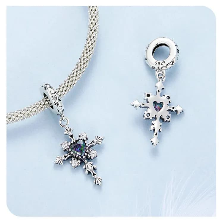 WOSTU 925 실버 하트 글라스 크로스 참 비즈