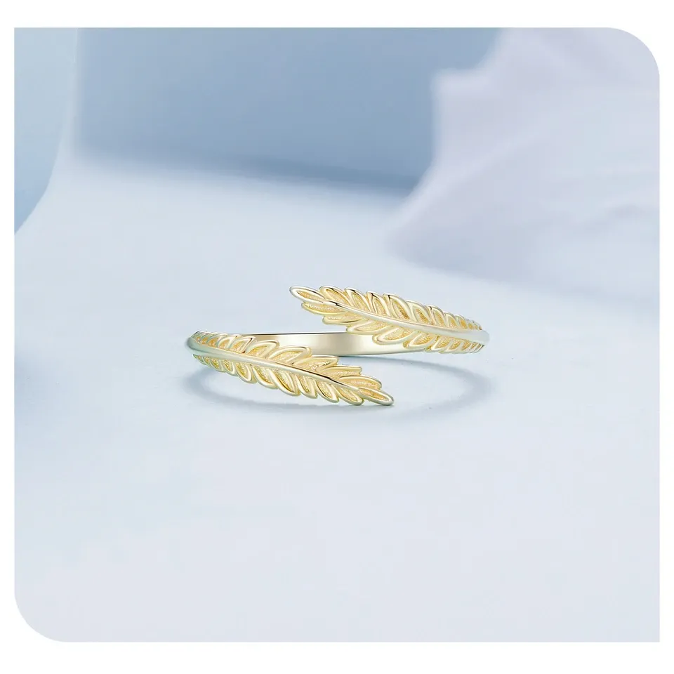 WOSTU 925 실버 금박 오픈 리프 반지