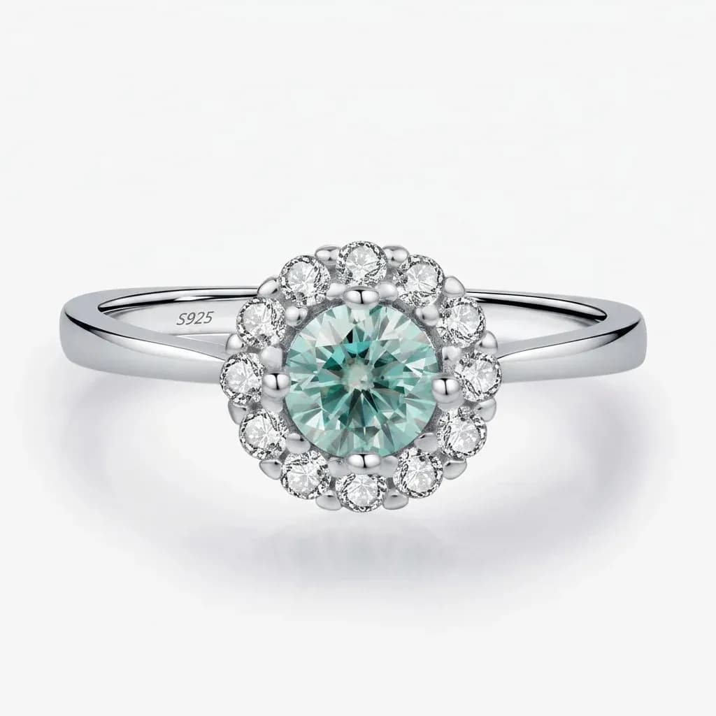 모디안 청록빛 모이사나이트 헤일로 925 실버 링