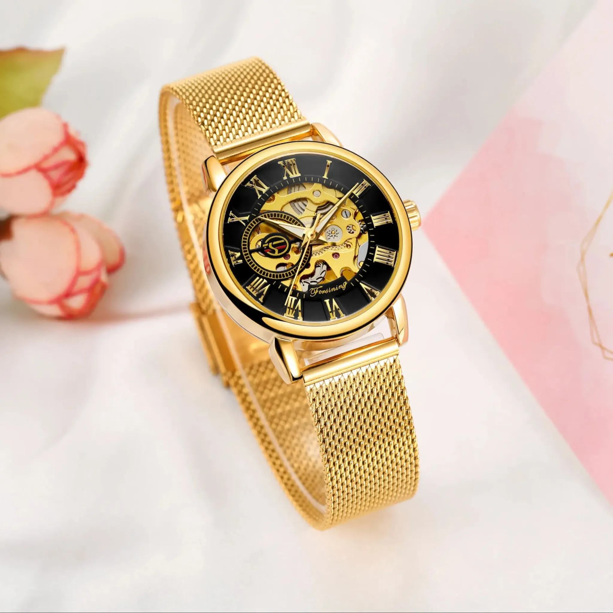 포르시닝 여성용 스켈레톤 메쉬 기계식 손목시계 FS 412