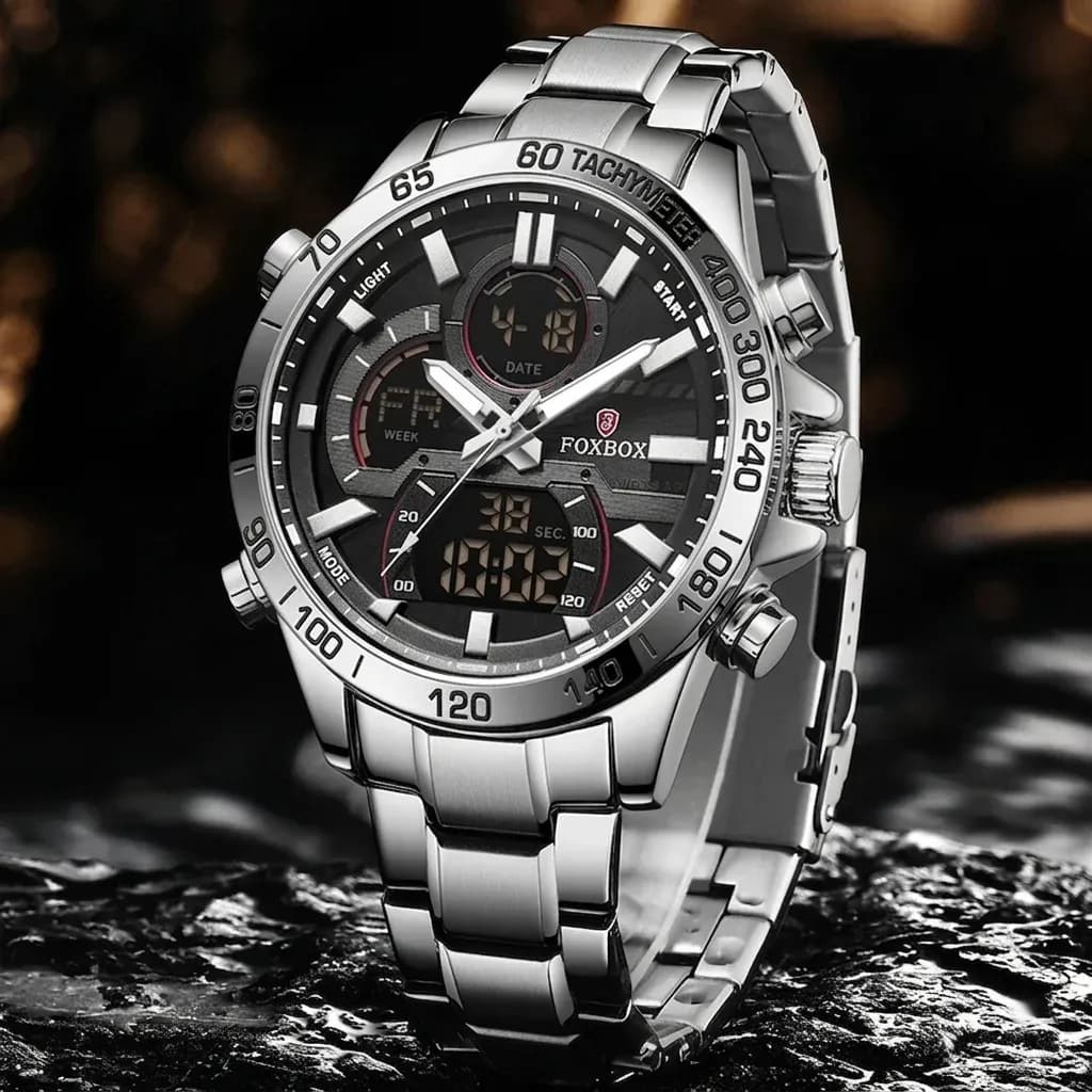 FOXBOX 남성용 아날로그-디지털 스틸 방수 LED 쿼츠 시계